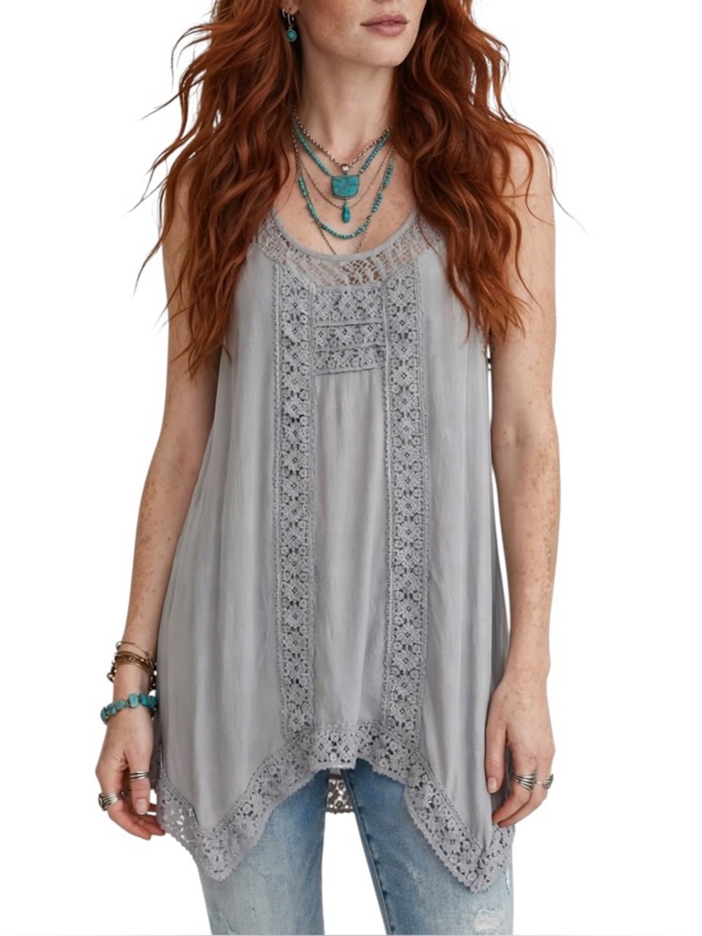 Maurice’s Gray Lace Accent Sleeveless Overlay Tunic Top Medium
